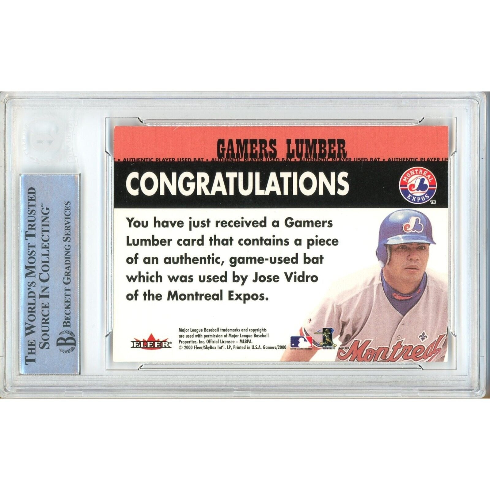 Baseballs- Autographed- Jose Vidro Montreal Expos Signed 2000 Fleer Gamers Lumber Game Used Relic Baseball Card Beckett Authentic Auto Slab Back