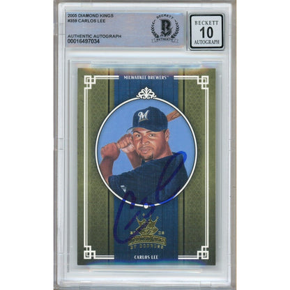 Baseballs- Autographed- Carlos Lee Milwaukee Brewers Signed 2005 Donruss Diamond Kings Baseball Card Beckett Authentic BGS Auto-10 Graded Slab Front