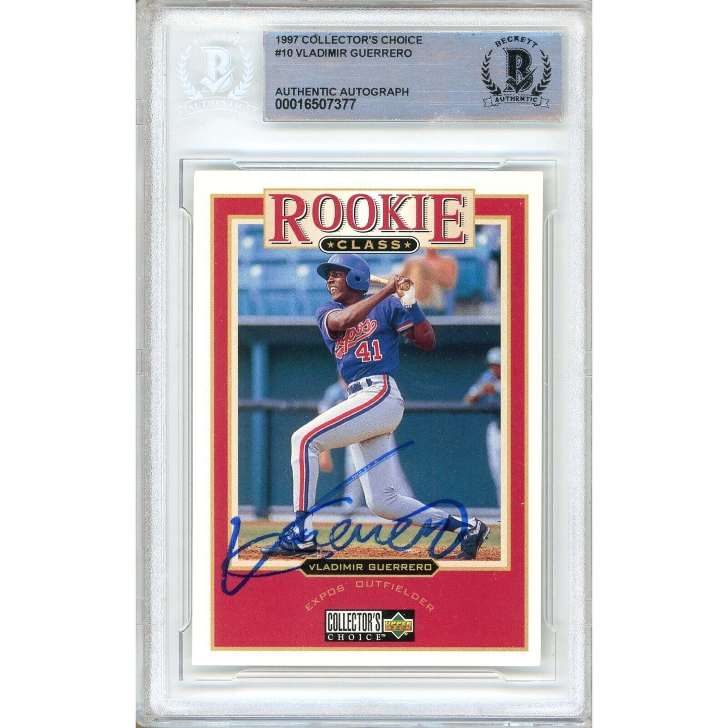 Baseballs- Autographed- Vladimir Guerrero Montreal Expos Signed 1995 Upper Deck Collectors Choice Rookie Class Trading Card Beckett Authentic Auto Slab Front