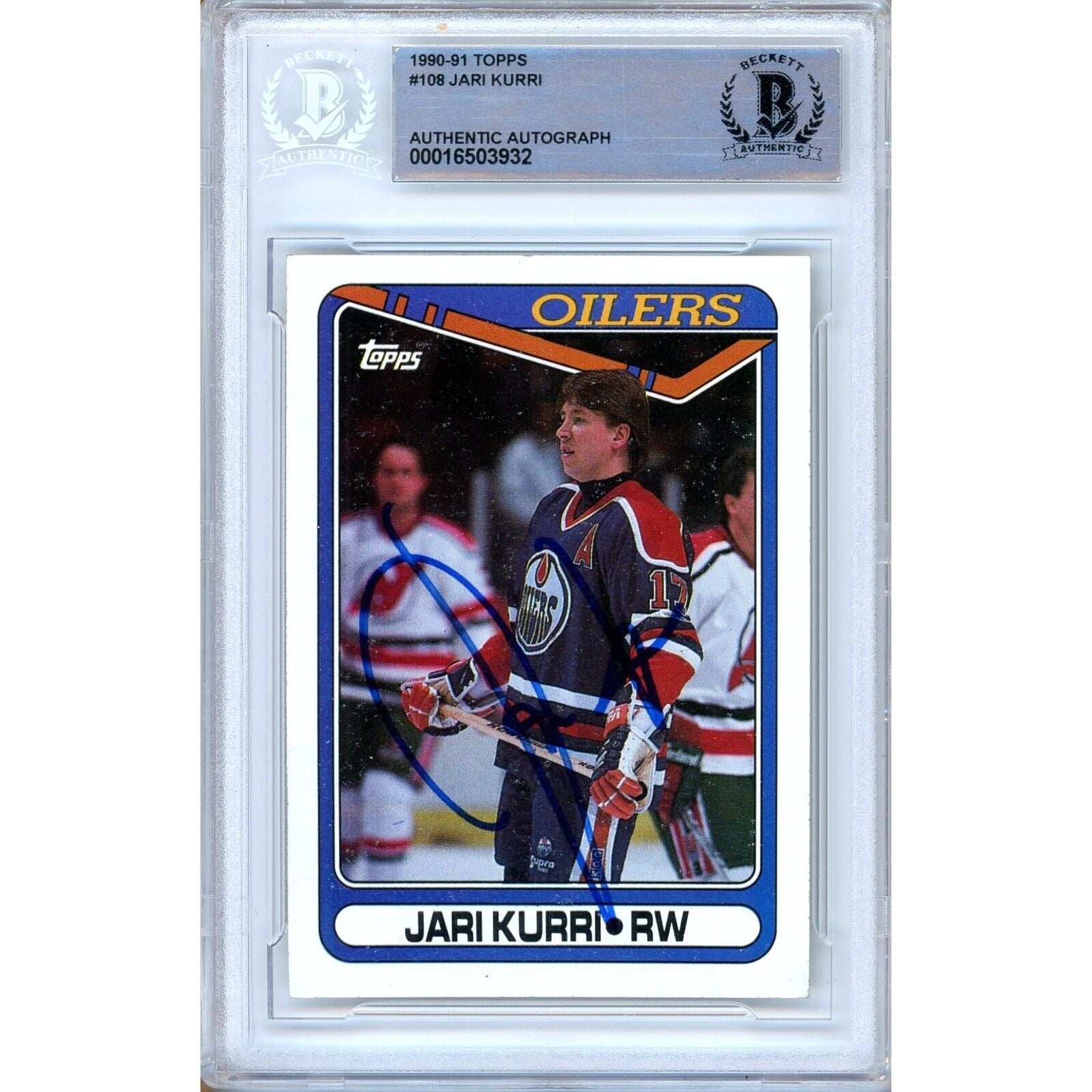 Hockey- Autographed- Jari Kurri Edmonton Oilers Signed 1990-91 Topps Hockey Card Beckett Authentic Auto Slab Front