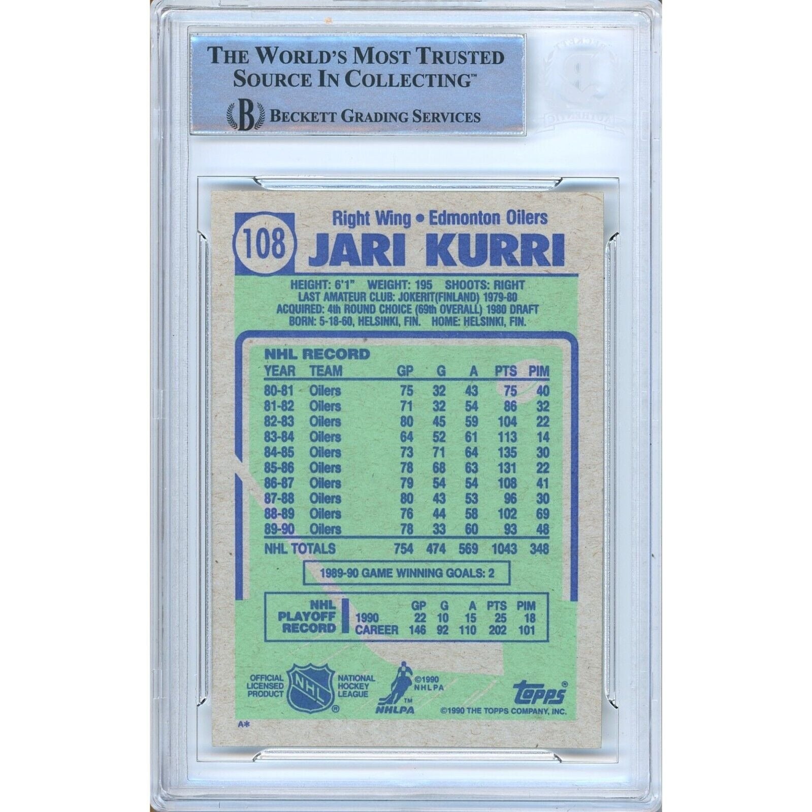 Hockey- Autographed- Jari Kurri Edmonton Oilers Signed 1990-91 Topps Hockey Card Beckett Authentic Auto Slab Back