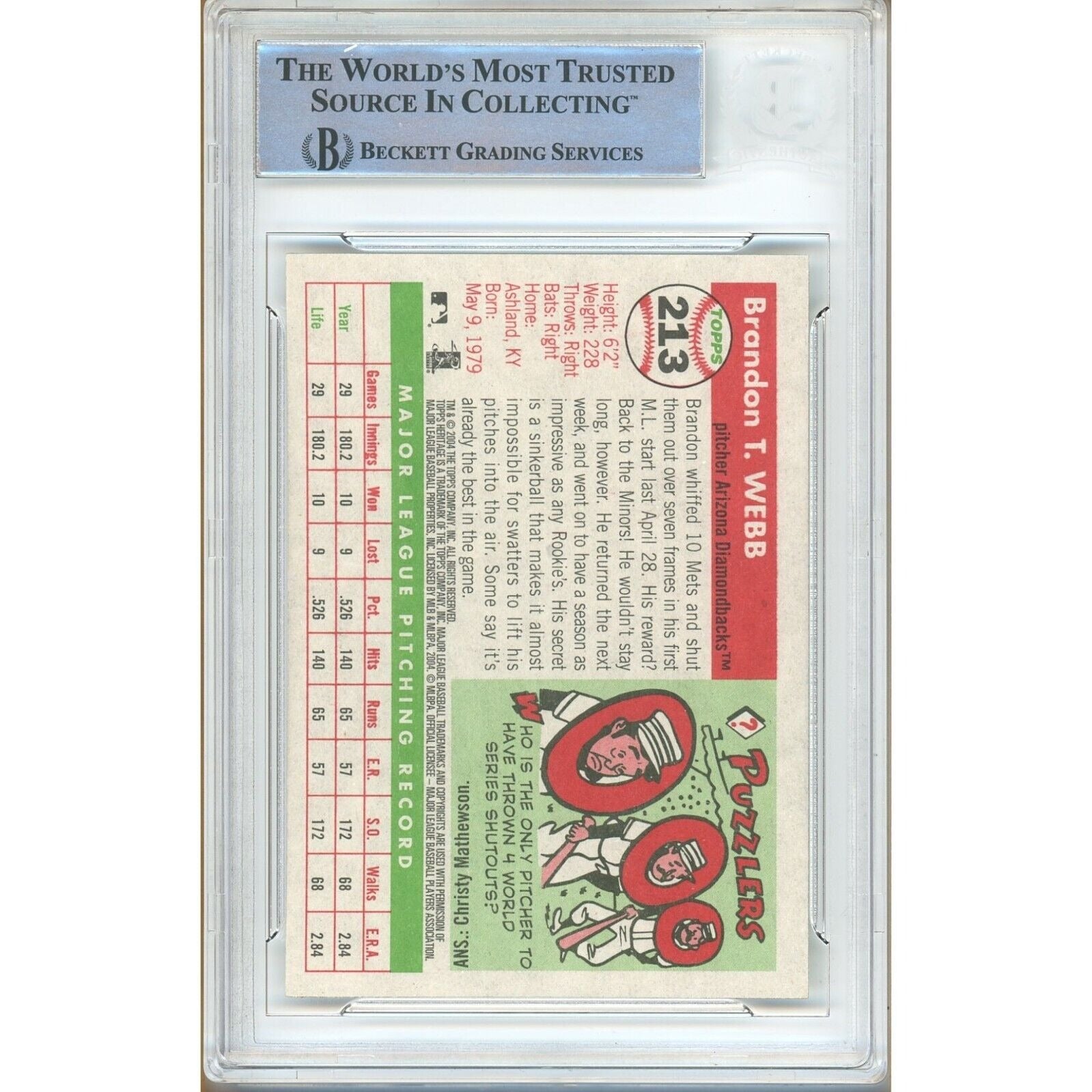 Baseballs- Autographed- Brandon Webb Arizona Diamondbacks Signed 2004 Topps Heritage Baseball Card Beckett Authenticated Auto Slab Back