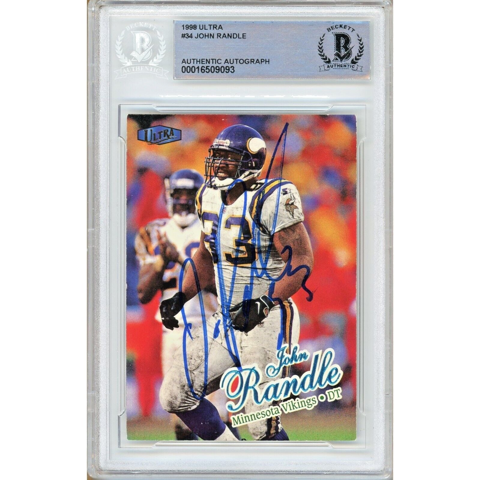 Footballs- Autographed- John Randle Minnesota Vikings Signed 1998 Fleer Ultra Football Card Beckett Authentic Auto Slab Front