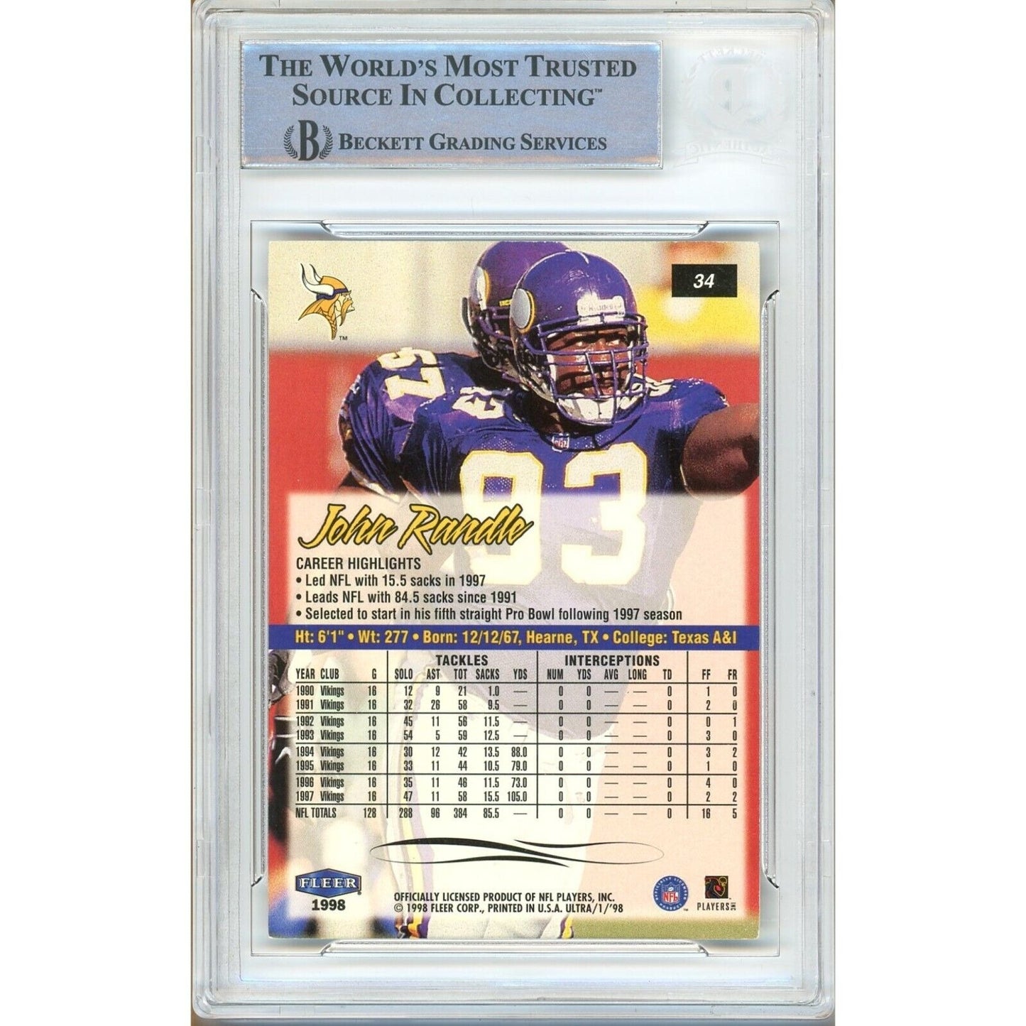 Footballs- Autographed- John Randle Minnesota Vikings Signed 1998 Fleer Ultra Football Card Beckett Authentic Auto Slab Back