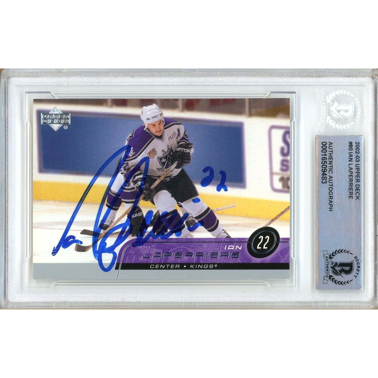 Hockey- Autographed- Ian Laperriere Los Angeles Kings Signed 2002-03 Upper Deck Hockey Card Beckett Authentic Auto Slab Front