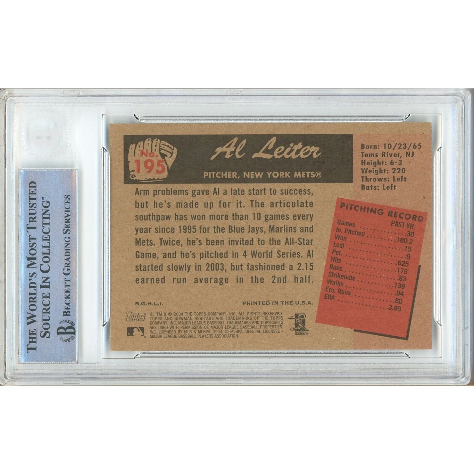 2004 Bowman #195 Al Leiter New York Mets Autograph Trading Card – Beckett BAS