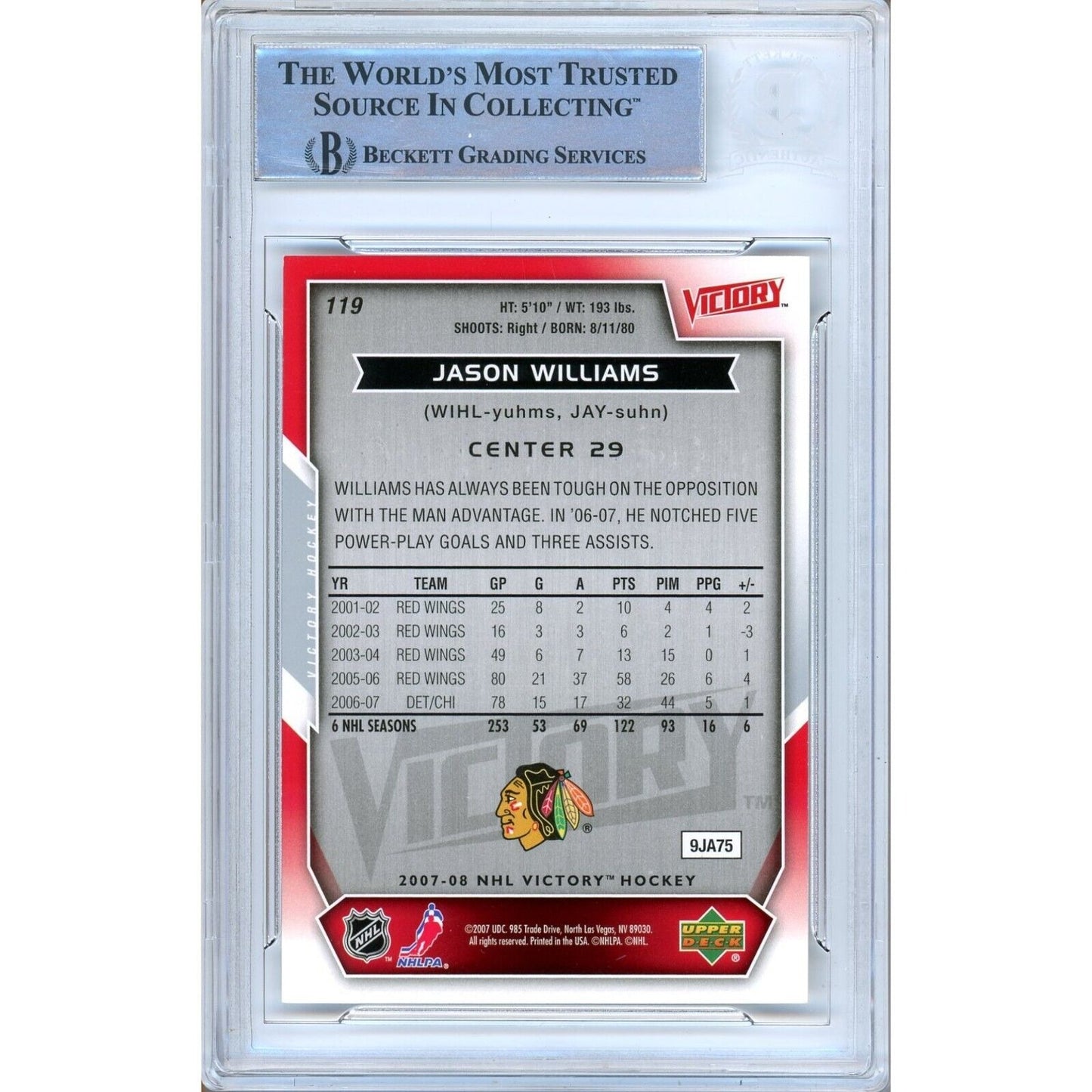 Hockey- Autographed- Jason Williams Chicago Blackhawks Signed 2007-08 Upper Deck Victory Hockey Card Beckett Authentic Auto Slab Back