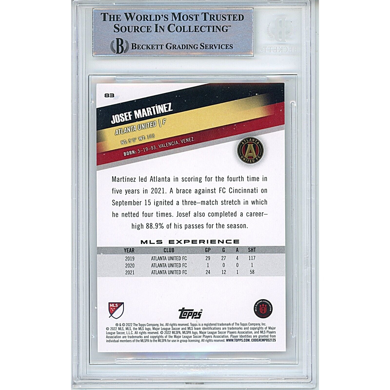 Josef Martinez Atlanta United Fc signed trading card – signature close-up – Beckett COA