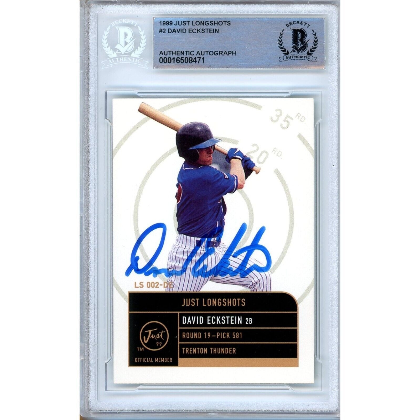 Baseballs- Autographed- David Eckstein 1999 Just Longshots Rookie Baseball Card Los Angeles Angels Beckett Authentic Auto Slab Front