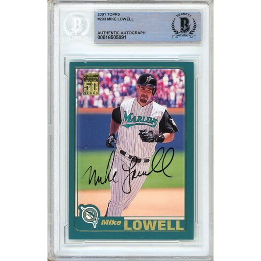 Baseballs- Autographed- Mike Lowell Miami Marlins Signed 2001 Topps Baseball Card Beckett Authentic Auto Slab Front