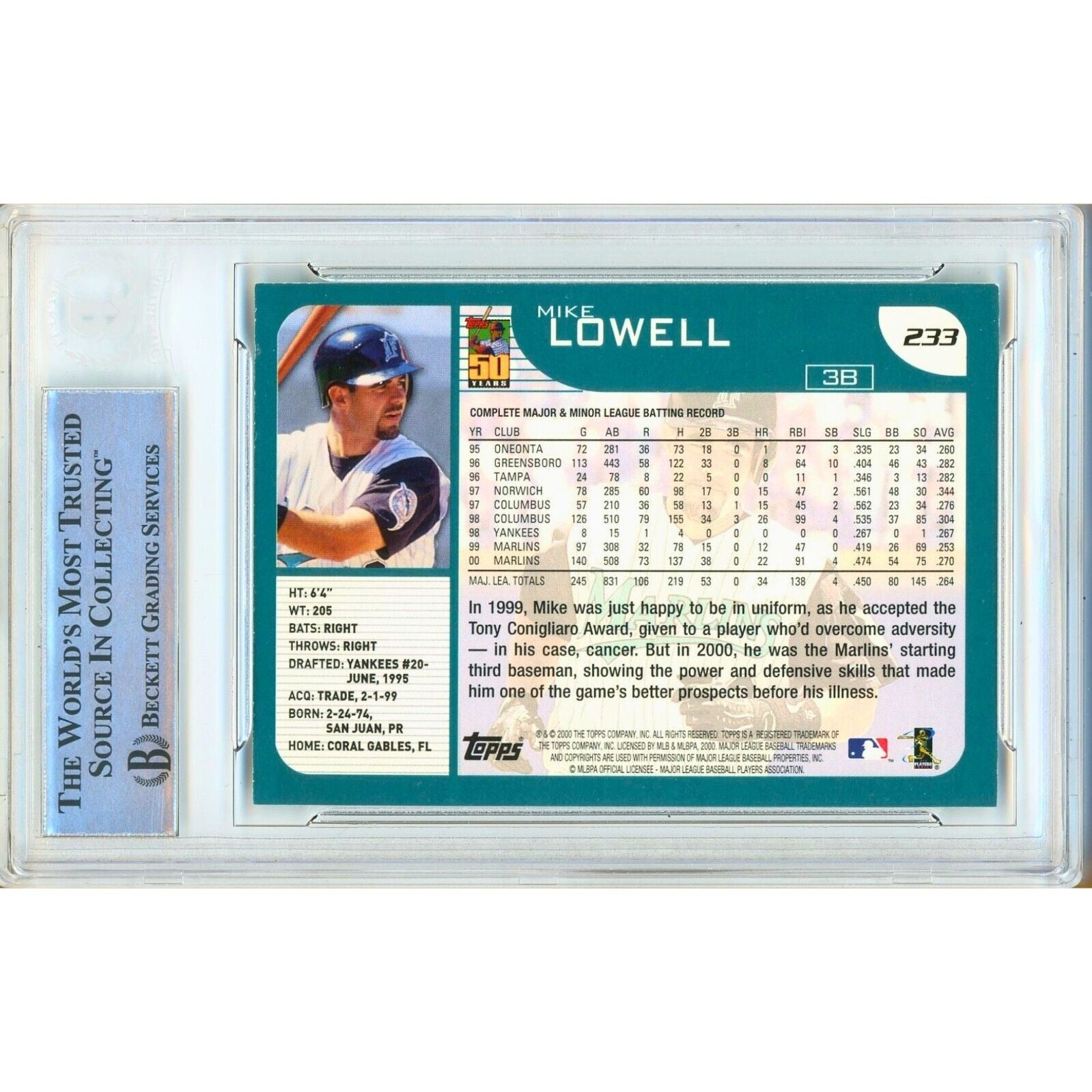 Baseballs- Autographed- Mike Lowell Miami Marlins Signed 2001 Topps Baseball Card Beckett Authentic Auto Slab Back