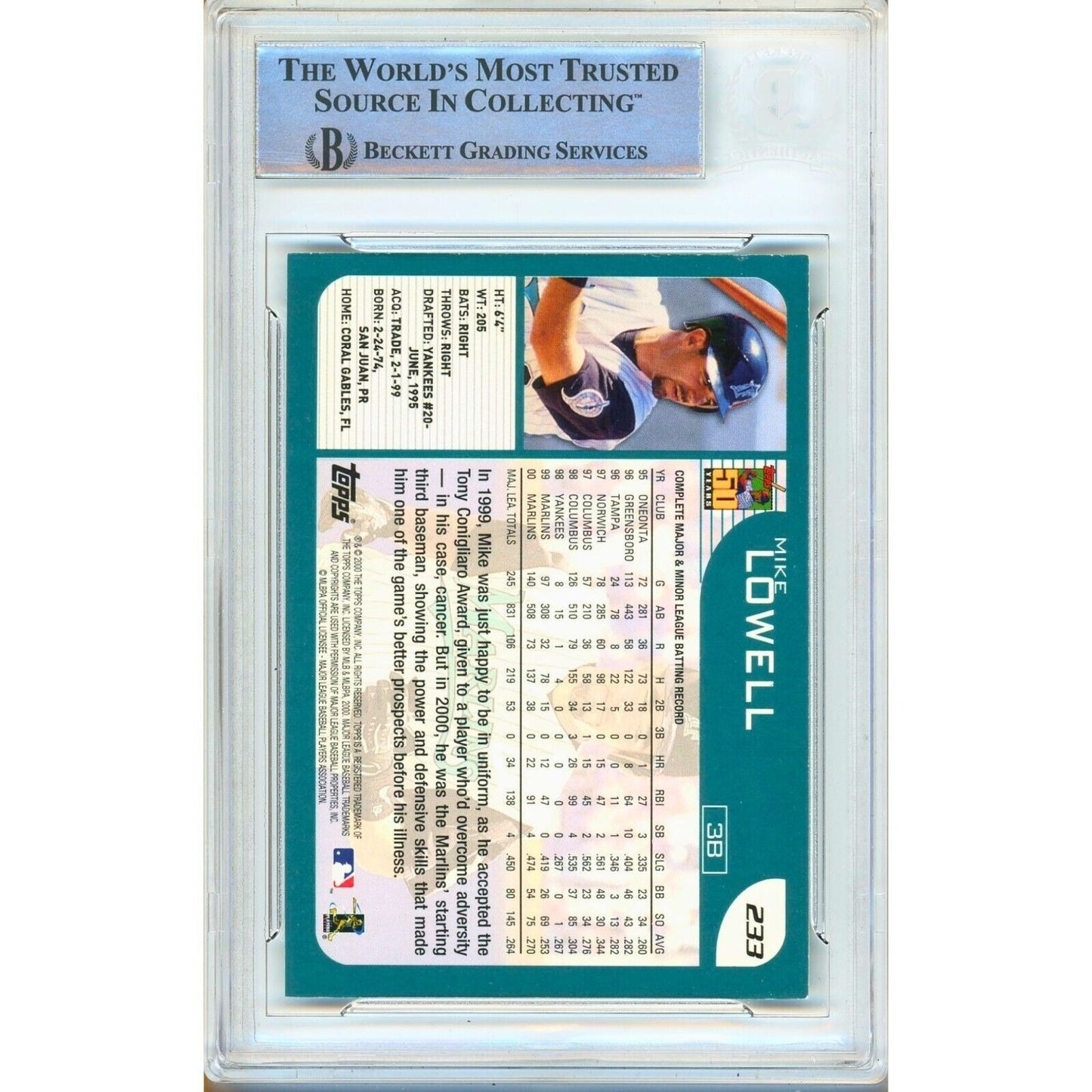 Baseballs- Autographed- Mike Lowell Florida Marlins Signed 2001 Topps Baseball Card Beckett Authentic Auto Slab Back