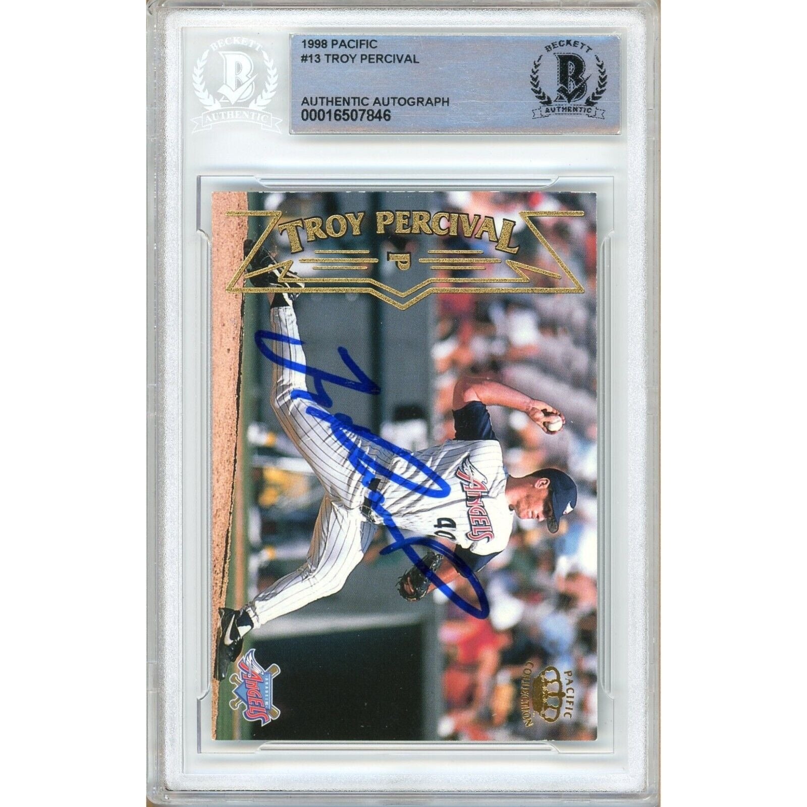 Troy Percival Anaheim Angels signed trading card – signature close-up – Beckett COA