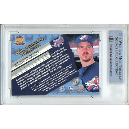 Baseballs- Autographed- Troy Percival Anaheim Angels Signed 1998 Pacific Crown Trading Card Beckett Authentic Auto Slab Back