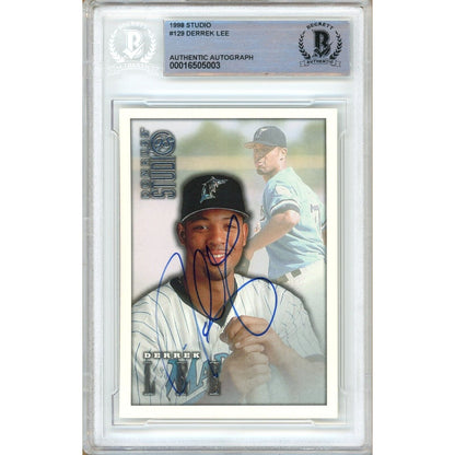 Baseballs- Autographed- Derrek Lee Miami Marlins Signed 1998 Donruss Studio Baseball Card Beckett Authentic Auto Slab Front