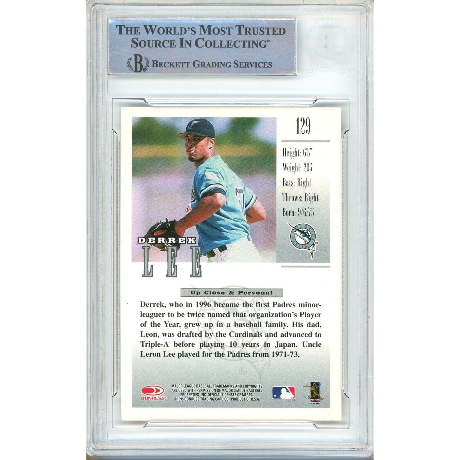 Baseballs- Autographed- Derrek Lee Miami Marlins Signed 1998 Donruss Studio Baseball Card Beckett Authentic Auto Slab Back