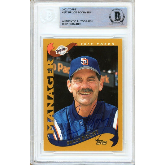 Baseballs- Autographed- Bruce Bochy San Diego Padres Signed 2002 Topps Baseball Card Beckett Authentic Auto Slab Front