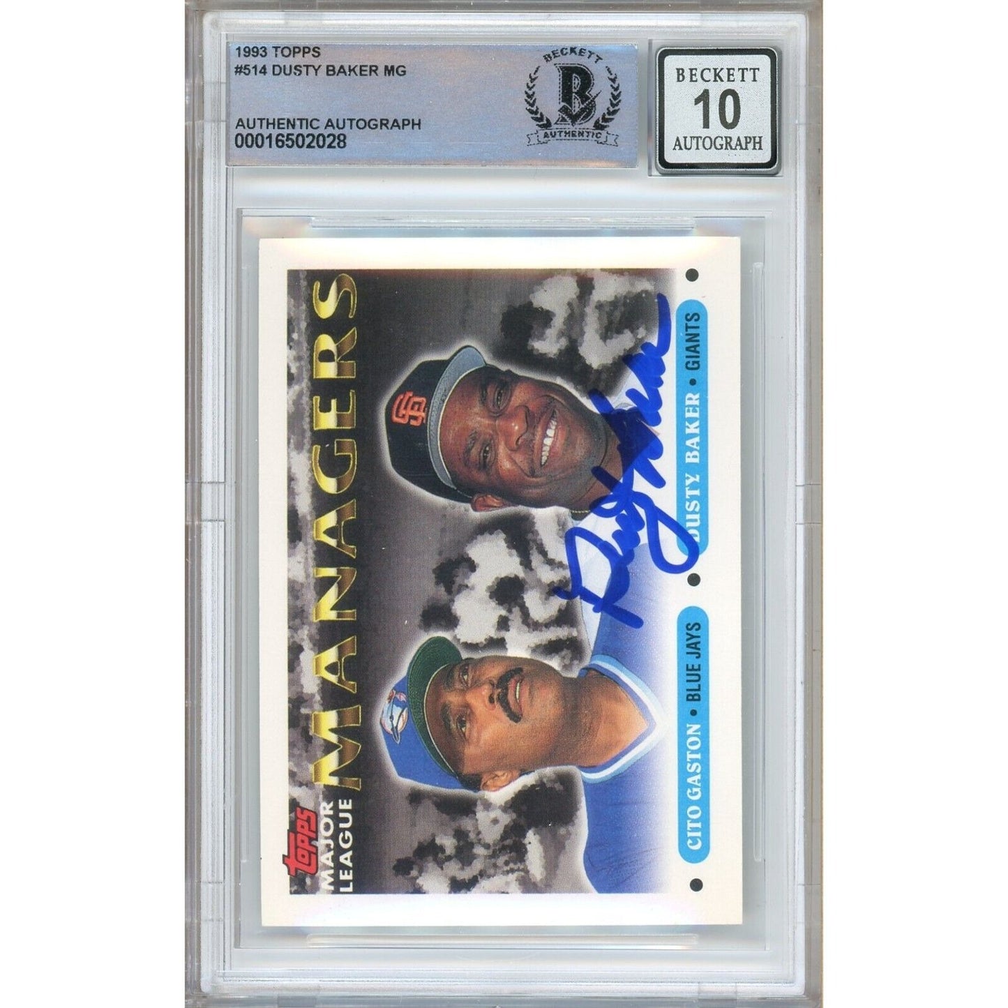 Baseballs- Autographed- Dusty Baker San Francisco Giants Signed 1993 Topps Baseball Card Beckett Authenticated BGS Auto-10 Graded Slab Front