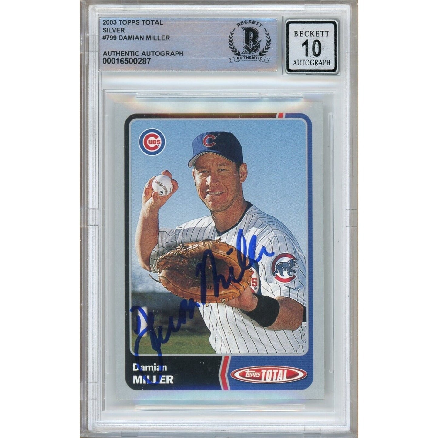 Baseballs- Autographed- Damian Miller Chicago Cubs Signed 2003 Topps Total Silver Baseball Card Beckett Authentic BGS Auto-10 Slab Front