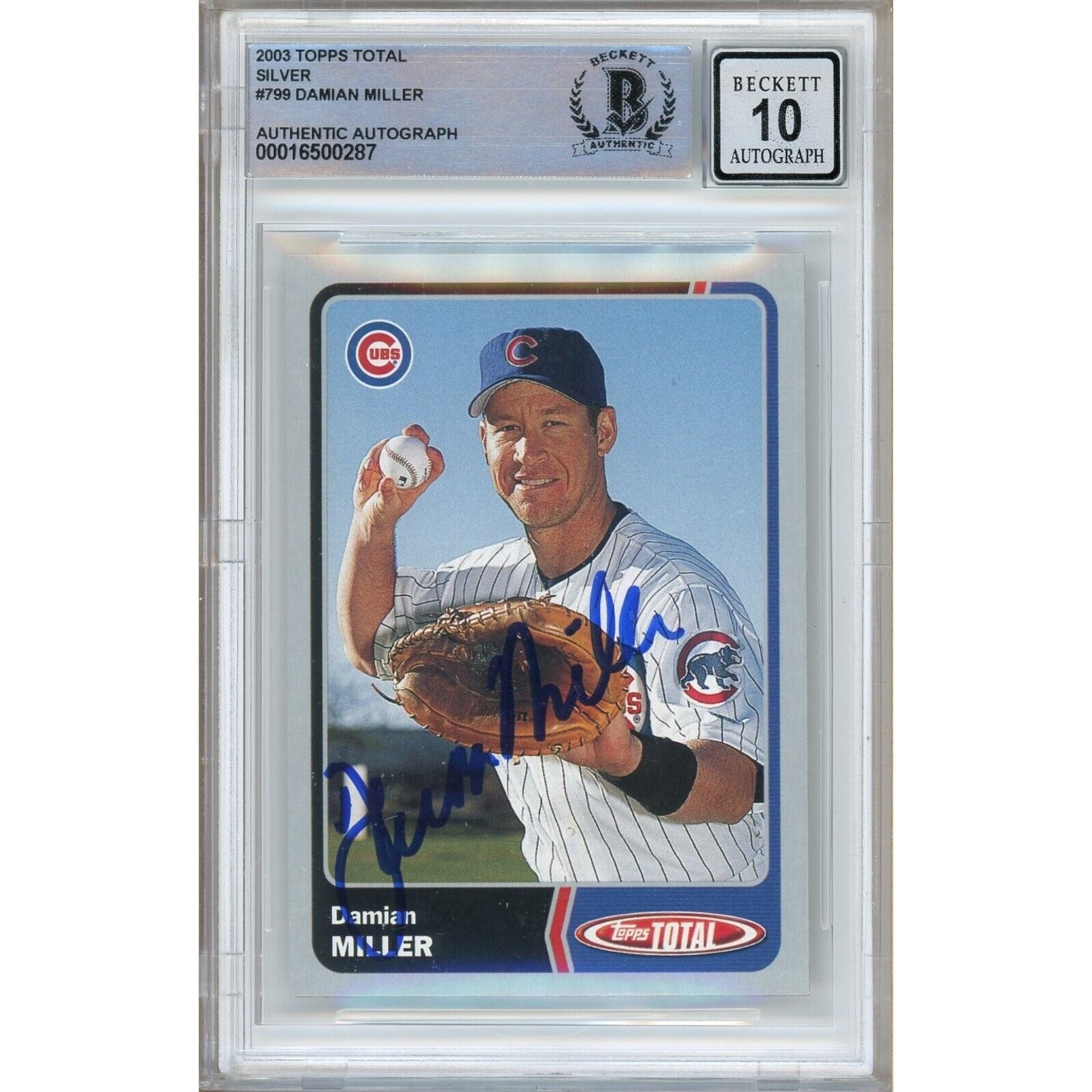 Baseballs- Autographed- Damian Miller Chicago Cubs Signed 2003 Topps Total Silver Baseball Card Beckett Authentic BGS Auto-10 Slab Front