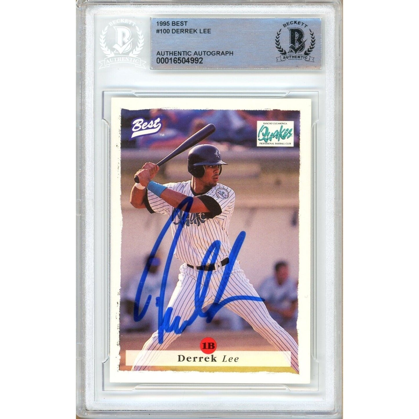 Baseballs- Autographed- Derrek Lee San Diego Padres Signed 1995 Team Best Rookie Baseball Card Beckett Authentic Auto Slab Front