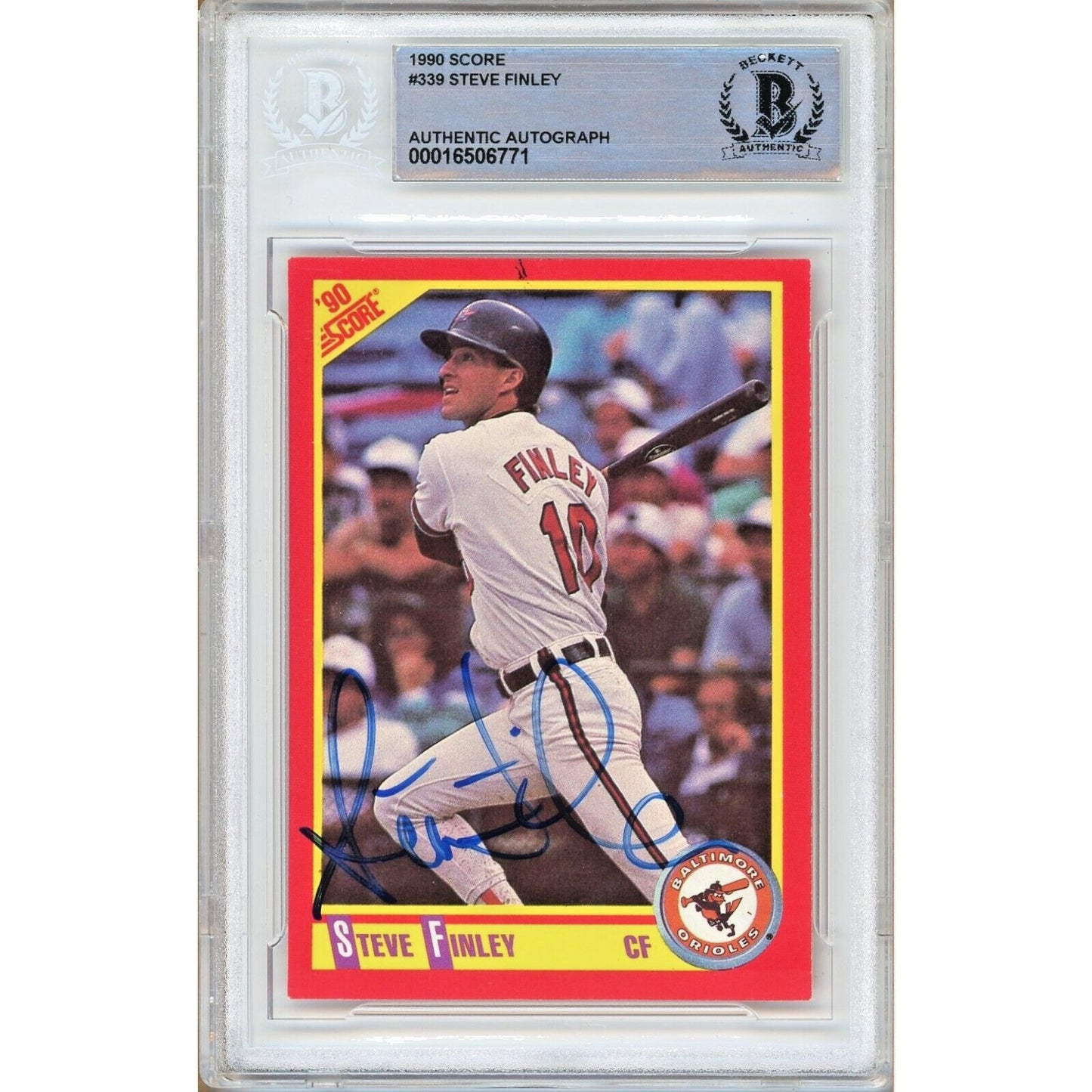 Baseballs- Autographed- Steve Finley Baltimore Orioles Signed 1990 Score Trading Card Beckett Authentic Auto Slab Front