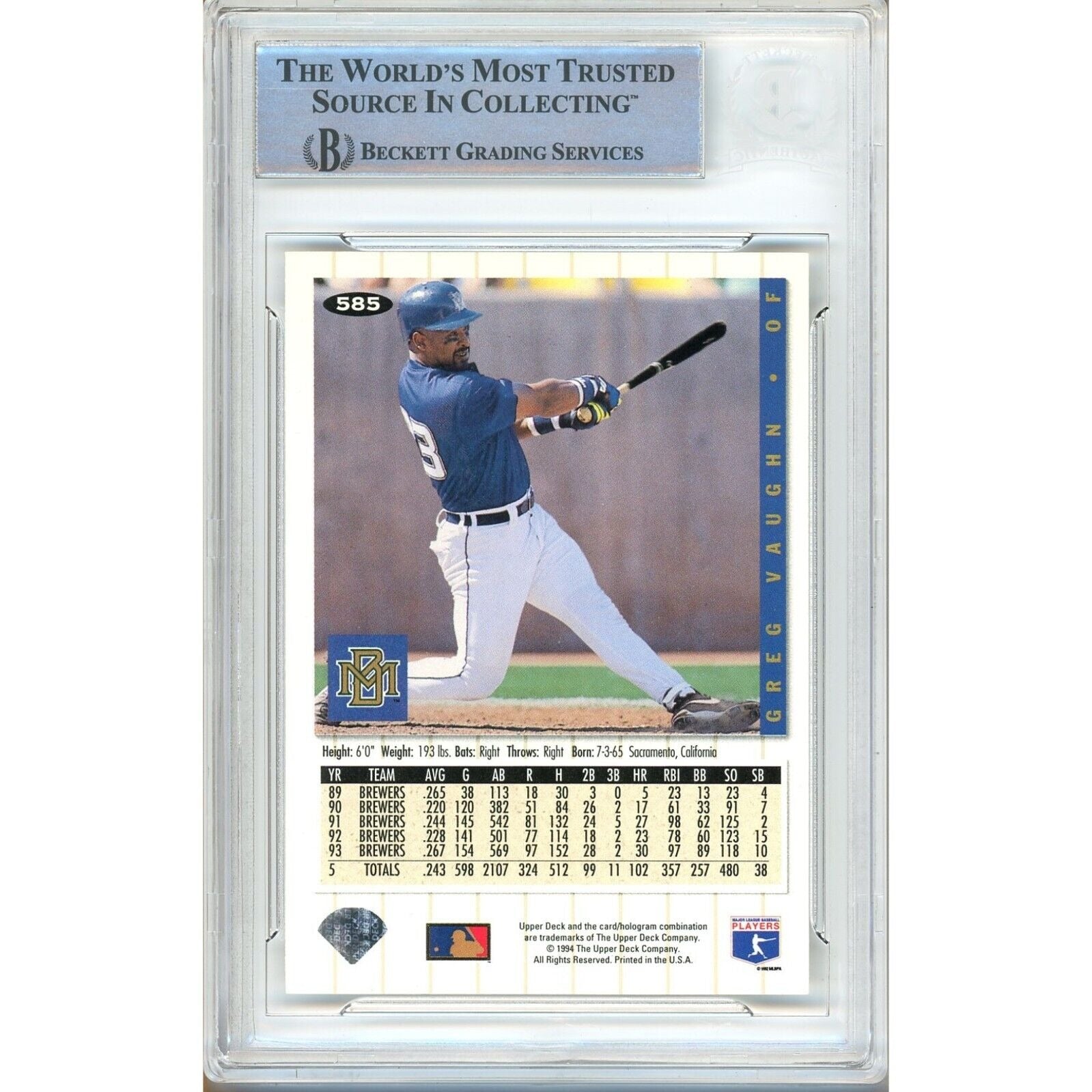 Greg Vaughn Milwaukee Brewers auto trading card – authentication sticker – Beckett COA