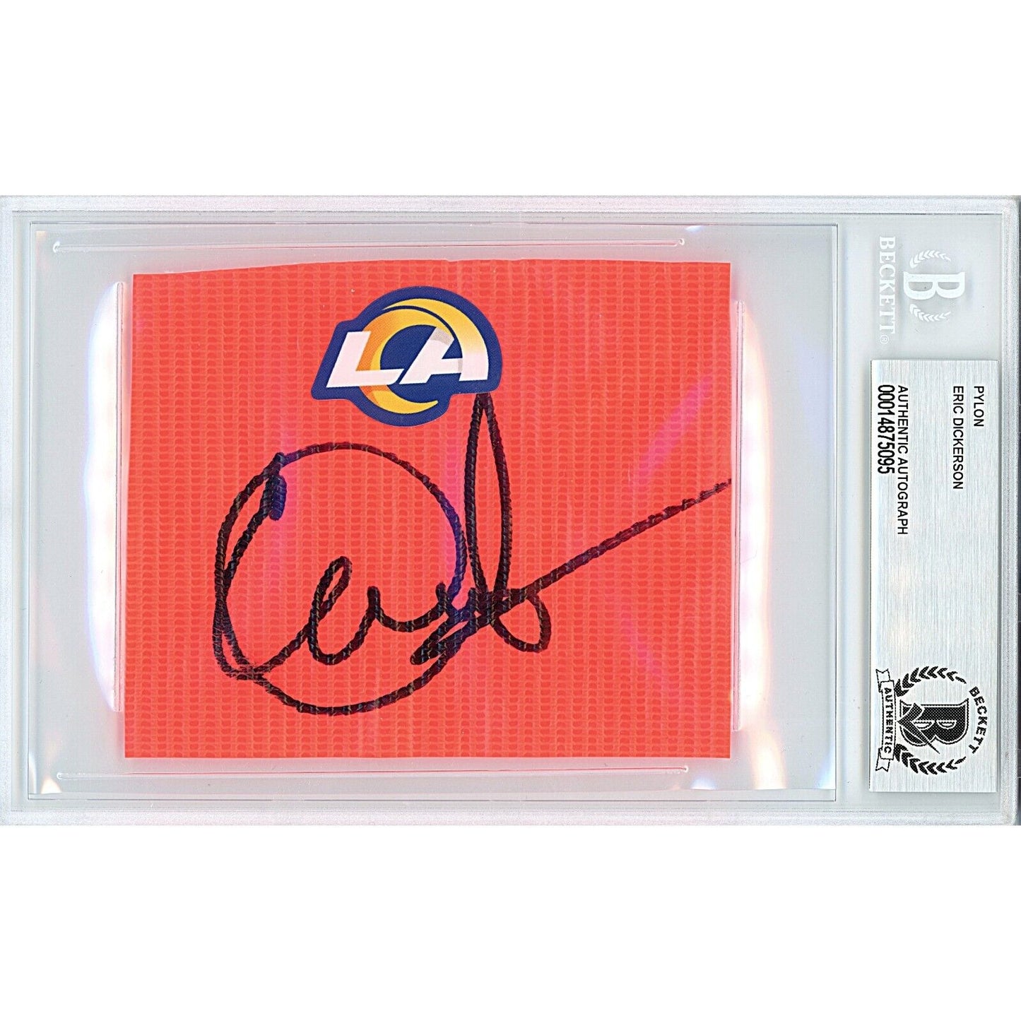 Footballs- Autographed- Eric Dickerson Los Angeles Rams Signed Football End Zone Pylon Cut Beckett Authentic Auto Slab Front