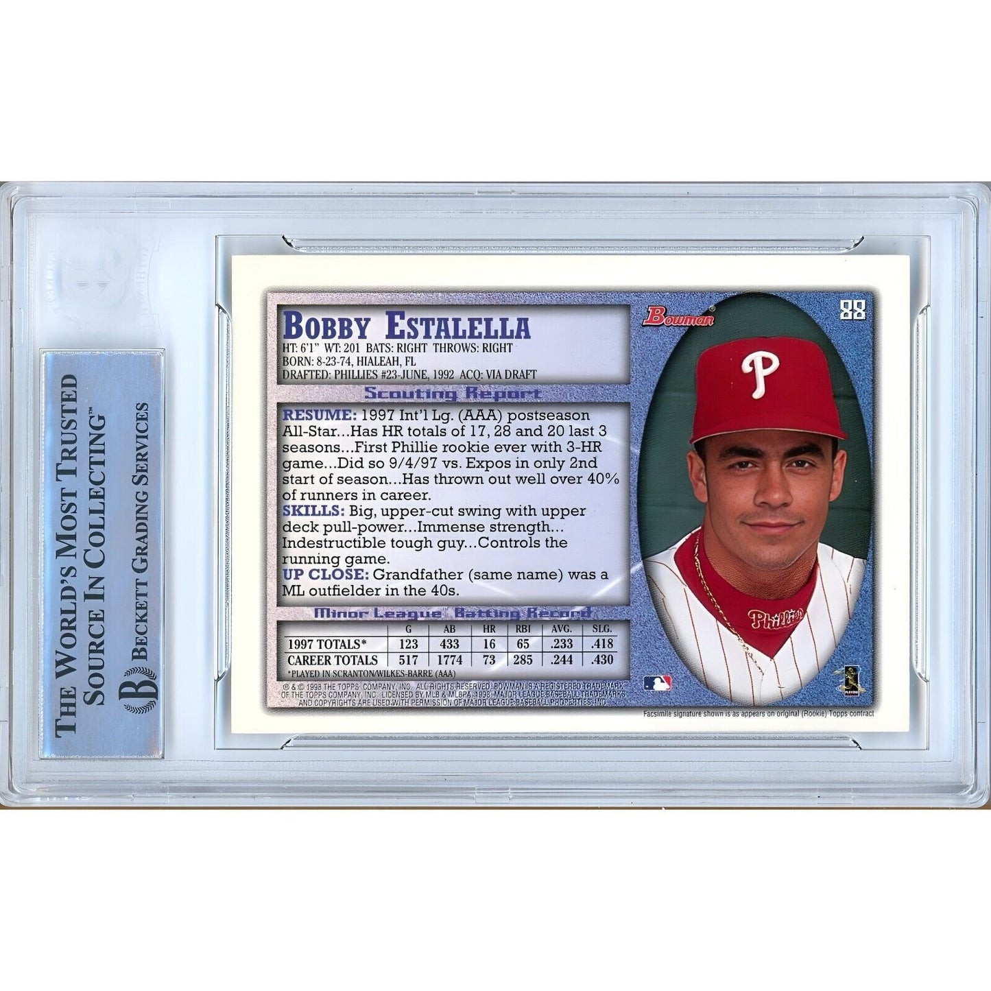 Baseballs- Autographed- Bobby Estalella Philadelphia Phillies Signed 1998 Bowman Baseball Card Beckett Authentic Auto Slab Back