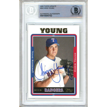 Baseballs- Autographed- Chris Young Texas Rangers Signed 2005 Topps Update Rookie Baseball Card Beckett Authentic Auto Slab Front