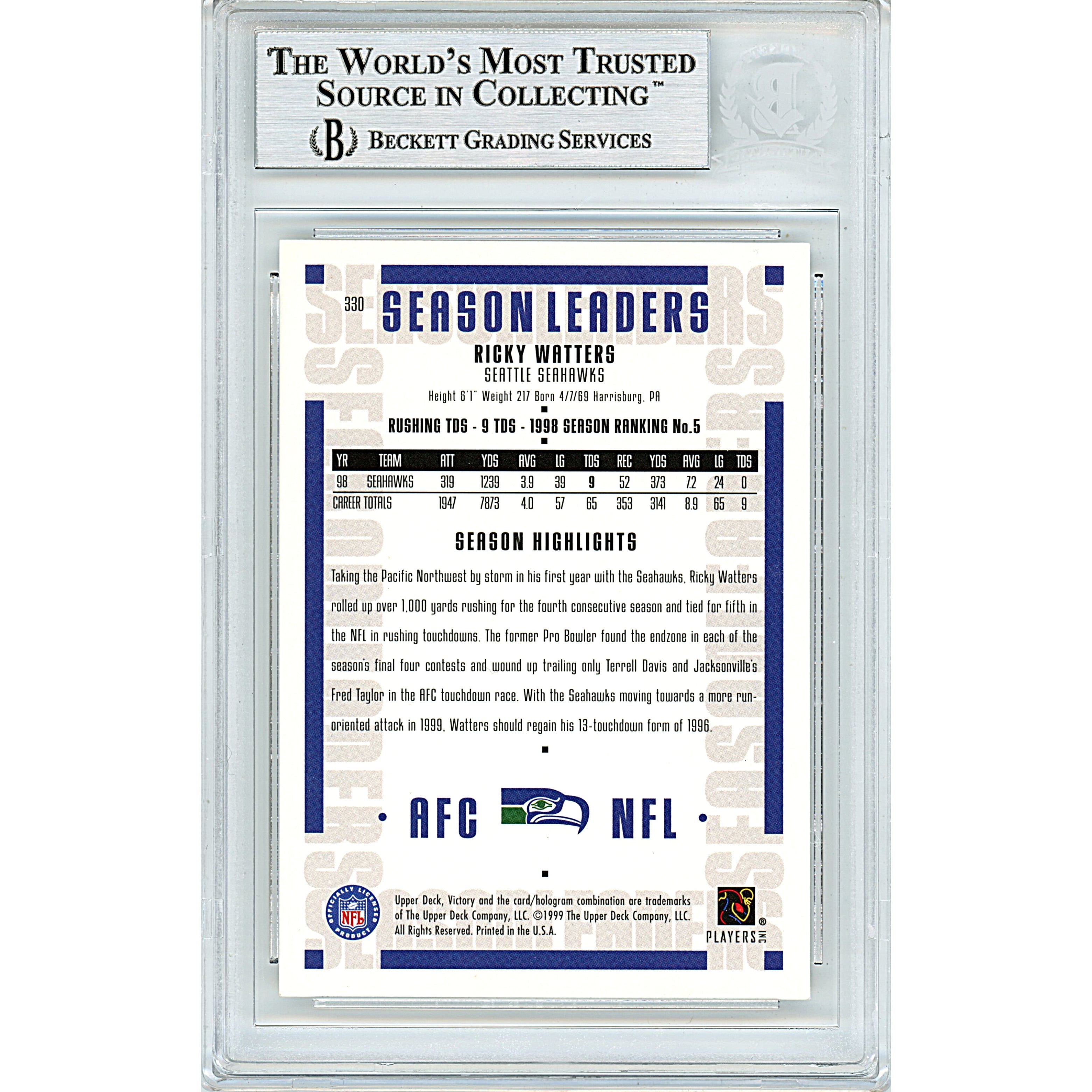 Ricky Watters Signed Seattle Seahawks Trading Card Beckett BGS