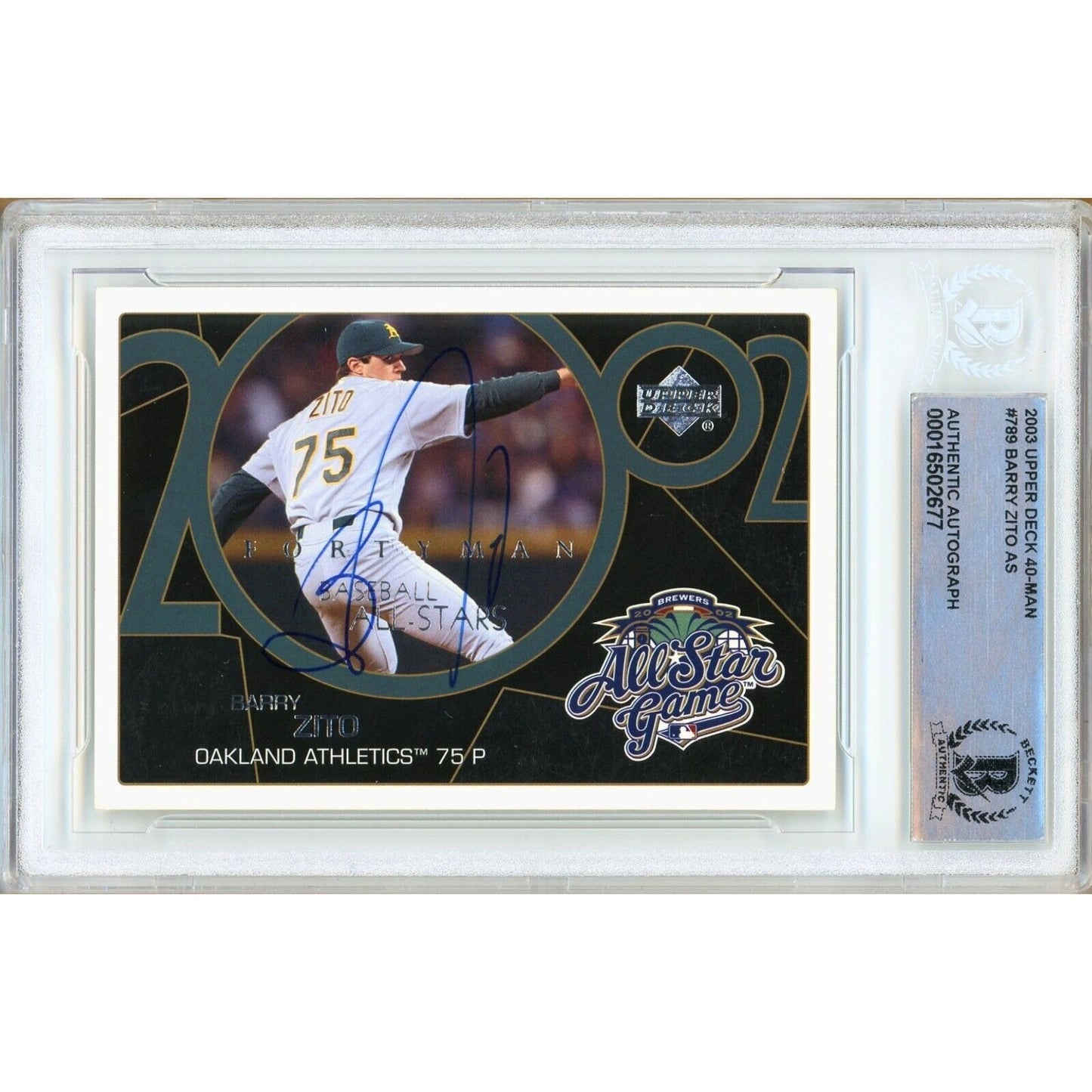 Baseballs- Autographed- Barry Zito Oakland Athletics Signed 2003 Donruss Baseball Card Beckett Authentic Auto Slab Front