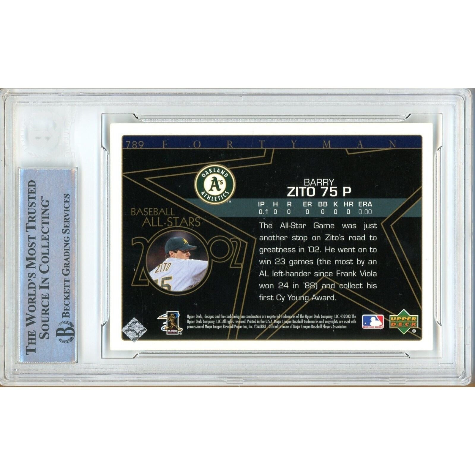 Baseballs- Autographed- Barry Zito Oakland Athletics Signed 2003 Donruss Baseball Card Beckett Authentic Auto Slab Back