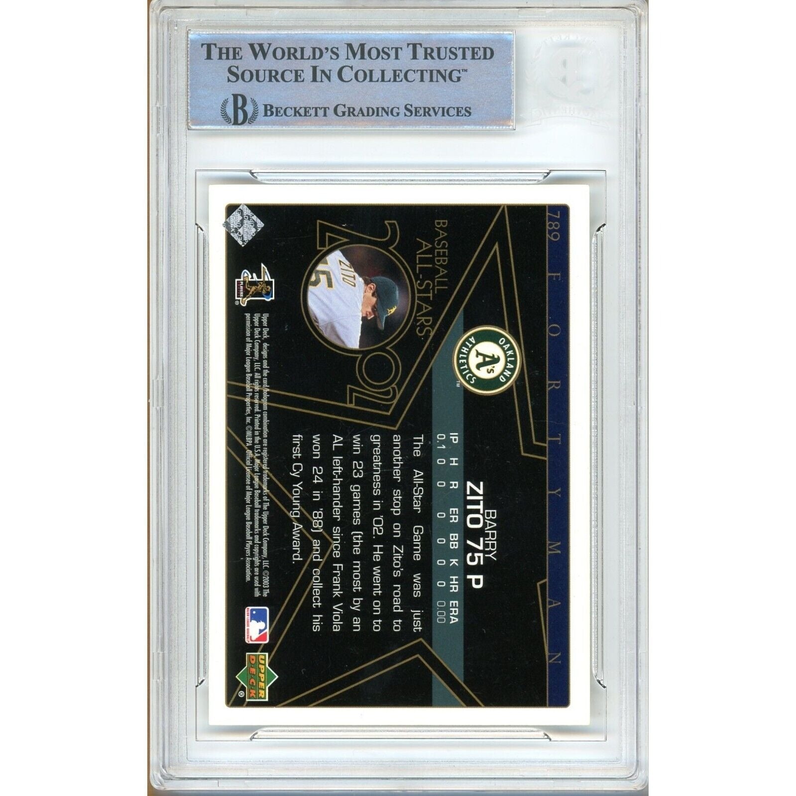 Baseballs- Autographed- Barry Zito Oakland Athletics Signed 2003 Donruss Baseball Card Beckett Authenticated Auto Slab Back