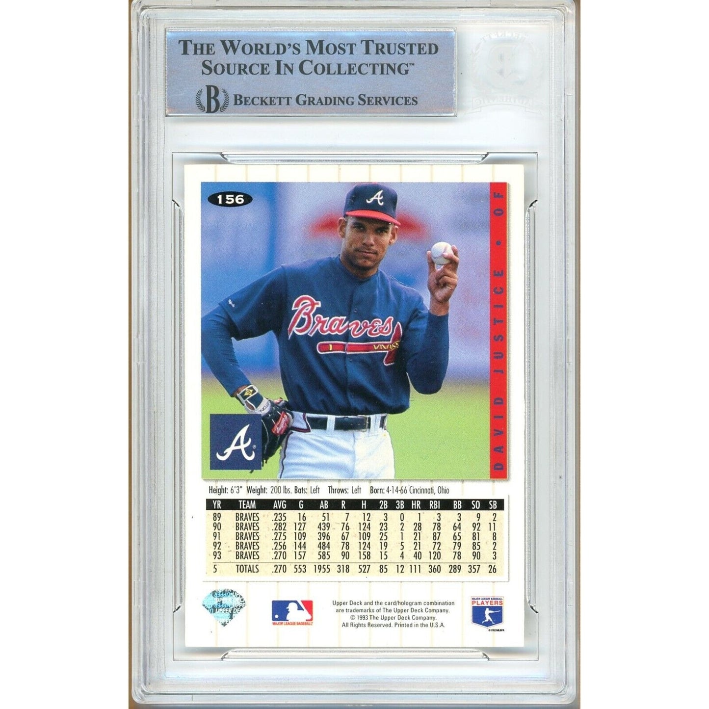 Baseballs- Autographed- David Justice Atlanta Braves Signed 1994 Upper Deck Collectors Choice Silver Signature Baseball Card Beckett Authentic Auto Slab Back