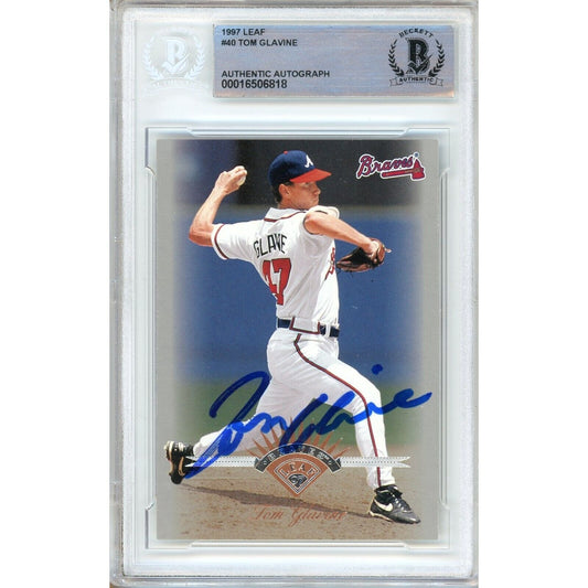 Baseballs- Autographed- Tom Glavine Atlanta Braves Signed 1997 Leaf Trading Card Beckett Authentic Auto Slab Front