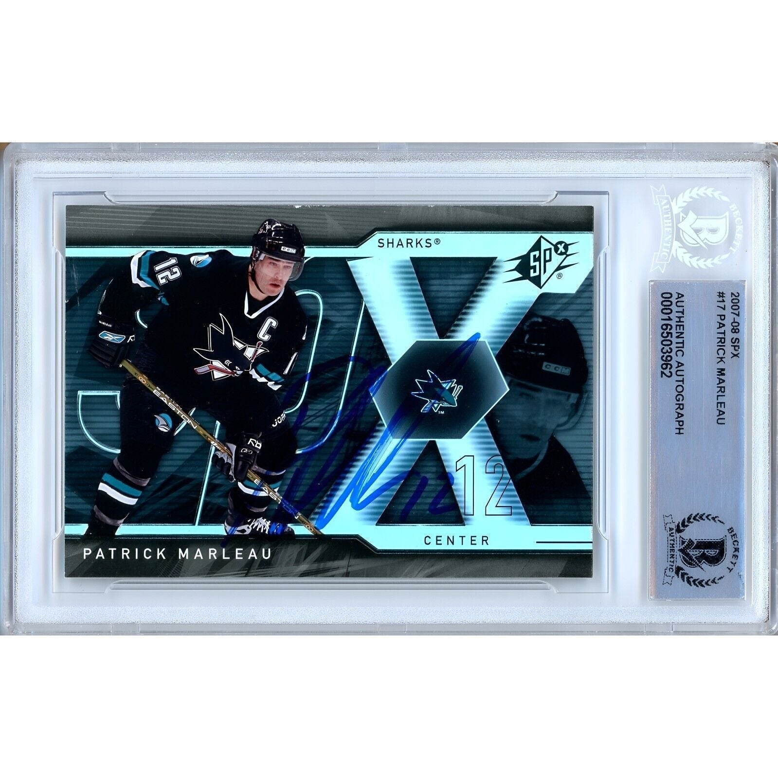 Hockey- Autographed- Patrick Marleau San Jose Sharks Signed 2007-08 Upper Deck SPx Hockey Card Beckett Authentic Auto Slab Front