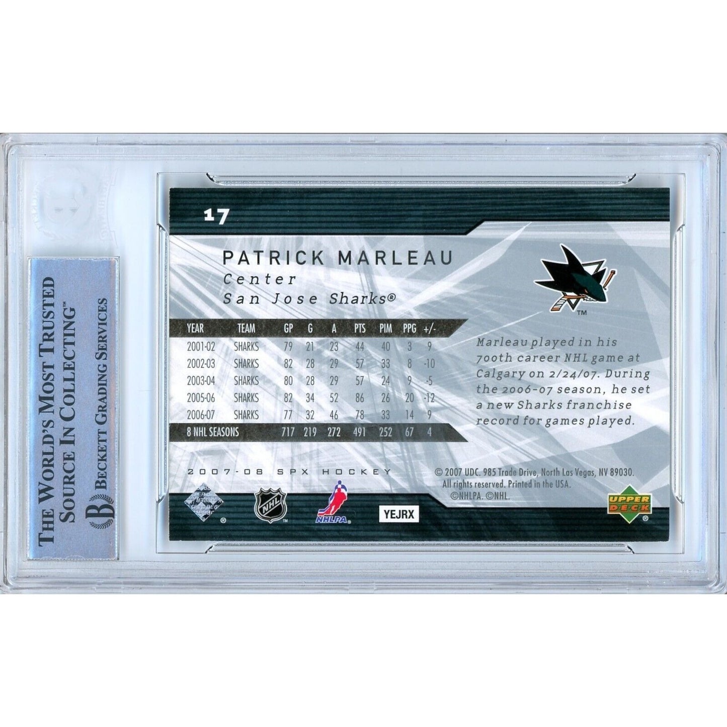 Hockey- Autographed- Patrick Marleau San Jose Sharks Signed 2007-08 Upper Deck SPx Hockey Card Beckett Authentic Auto Slab Back