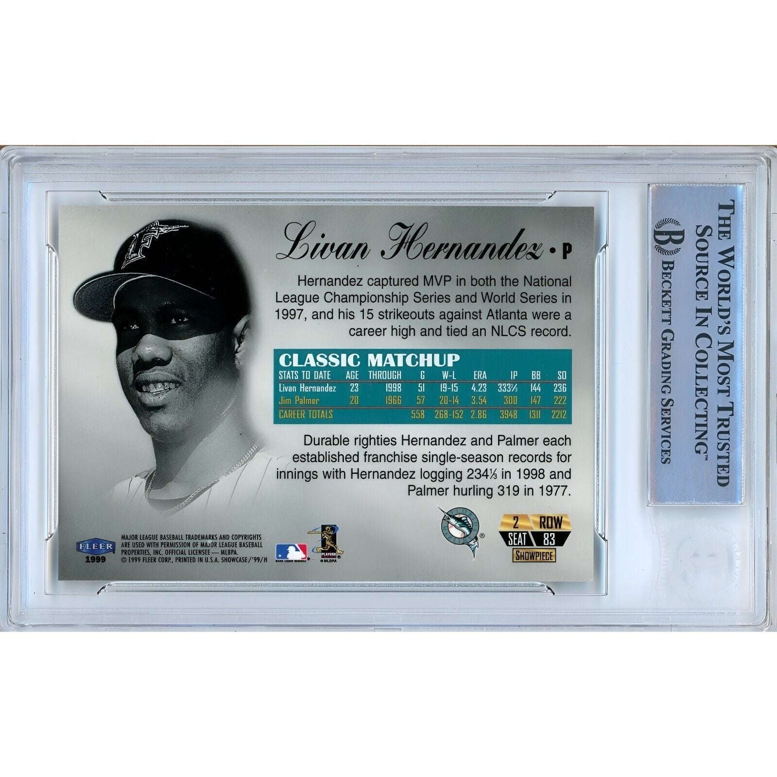 Baseballs- Autographed- Livan Hernandez Miami Marlins Signed 1999 Fleer Flair Showcase Row 2 Baseball Card Beckett Authentic Auto Slab Back