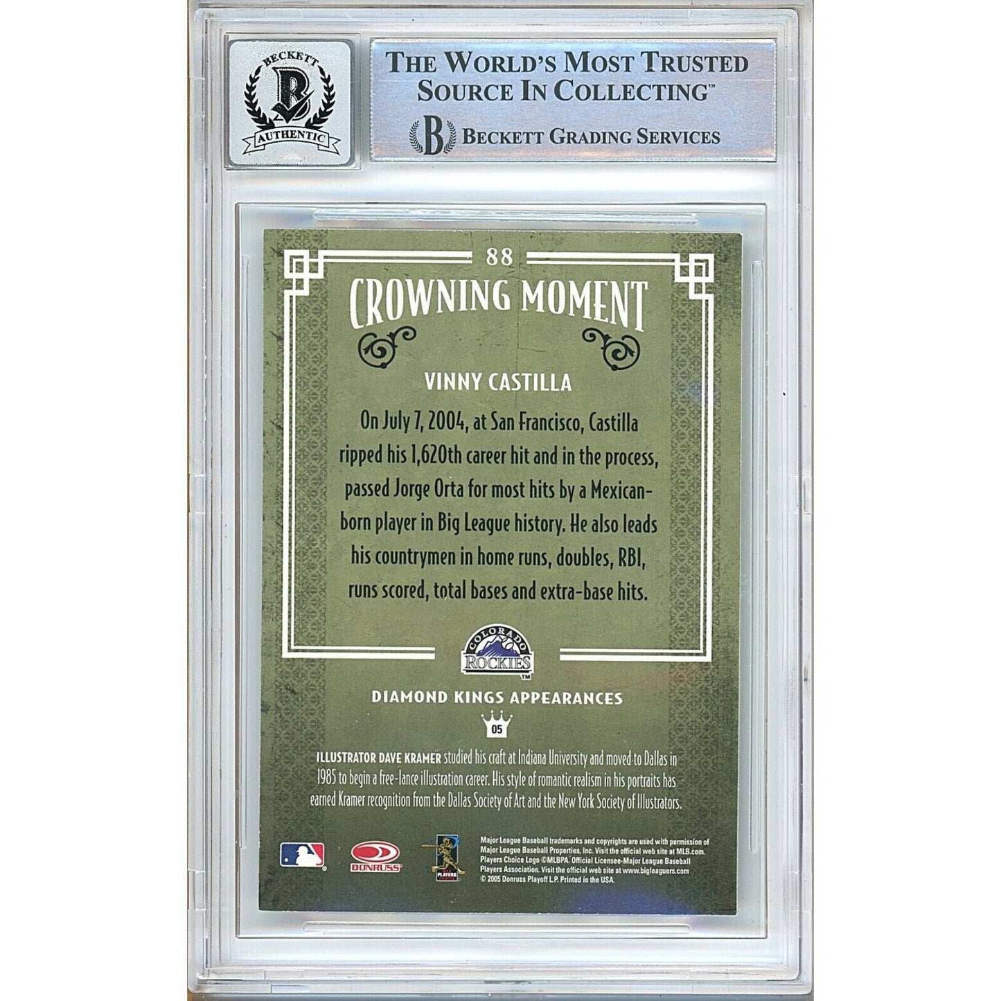 Baseballs- Autographed- Vinny Castilla Colorado Rockies Signed 2005 Donruss Diamond Kings Trading Card Beckett Authentic BGS Auto-10 Graded Slab Back