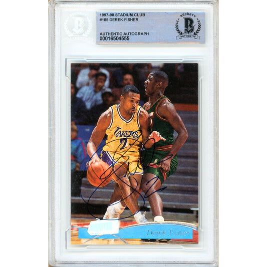 Basketballs- Autographed- Derek Fisher Los Angeles Lakers Signed 1997-98 Topps Stadium Club Basketball Card Beckett Authentic Auto Slab Front