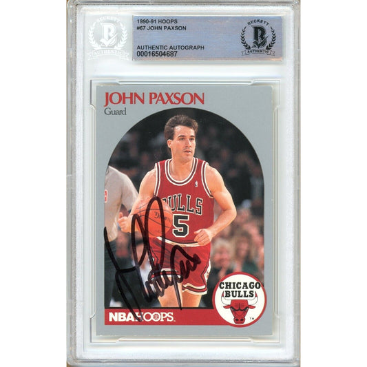 Basketballs- Autographed- John Paxson Chicago Bulls Signed 1990-91 NBA Hoops Basketball Card Beckett Authentic Auto Slab Front