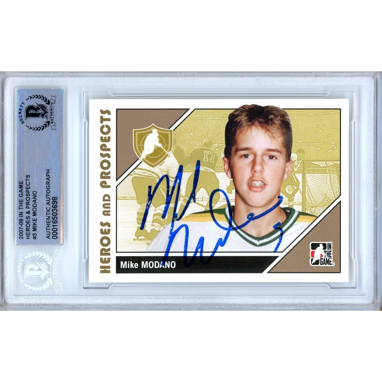 Hockey- Autographed- Mike Modano Dallas Stars Signed 2007-08 In The Game Heroes and Prospects Hockey Card Beckett Authentic Auto Slab Front