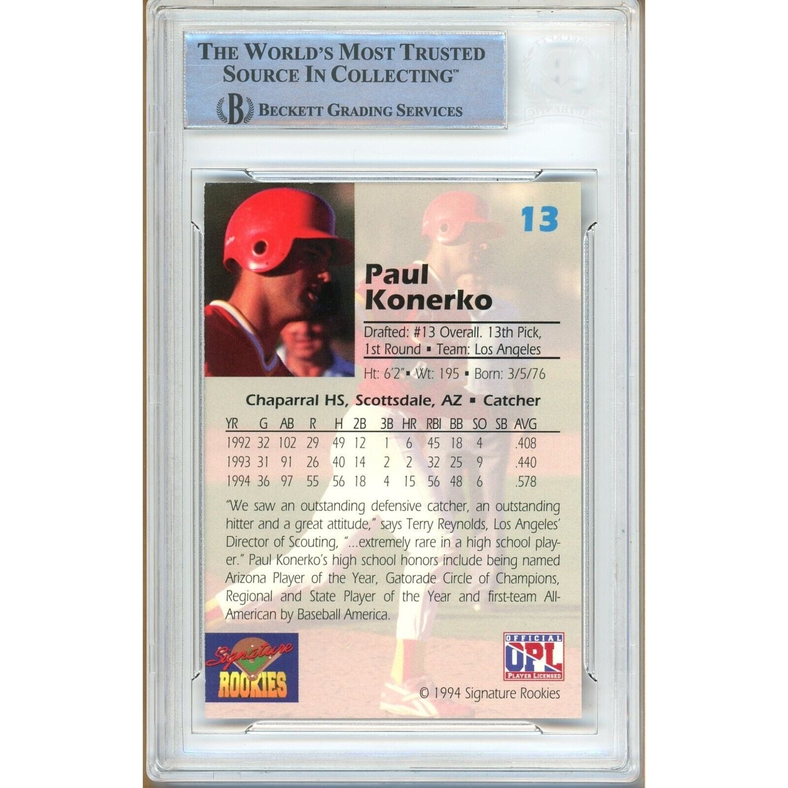 Baseballs- Autographed- Paul Konerko Los Angeles Dodgers Signed 1994 Signature Rookies Draft Picks Signatures Rookie Baseball Card Beckett Authentic Auto Slab Back