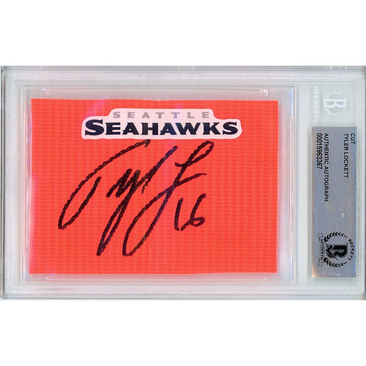 Footballs- Autographed- Tyler Lockett Seattle Seahawks Signed Football End Zone Pylon Signature Cut Beckett Authentic Auto Slab Front