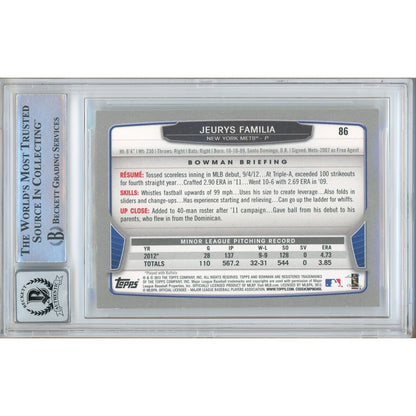 Baseballs- Autographed- Jeurys Familia New York Mets Signed 2013 Bowman Baseball Rookie Card Beckett Authentic BGS Auto-10 Graded Slab Back