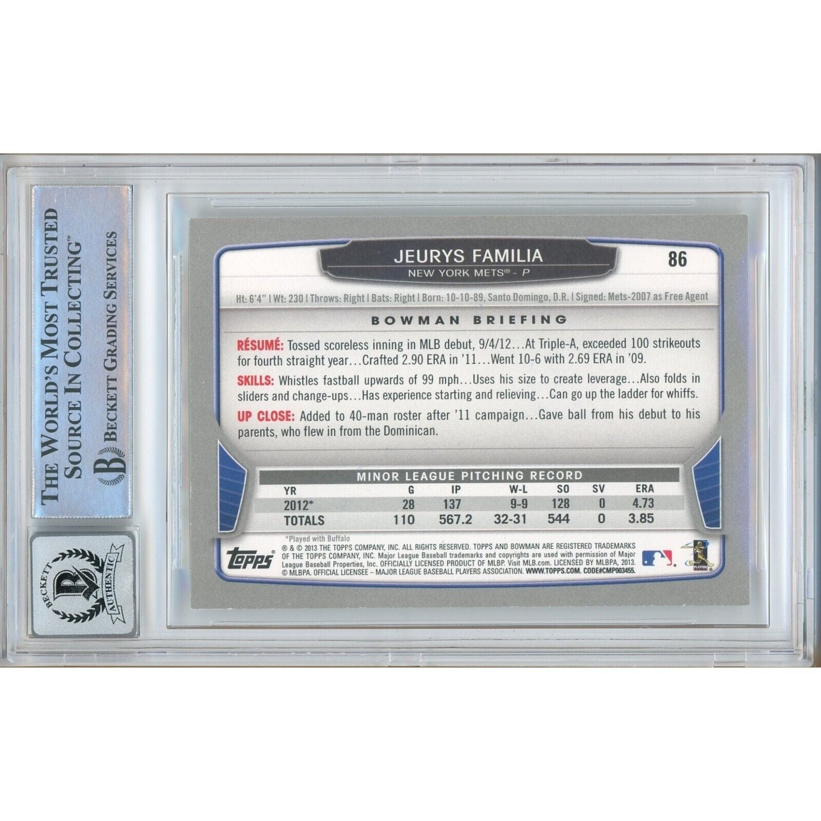 Jeurys Familia New York Mets Signed Trading Card Beckett BGS
