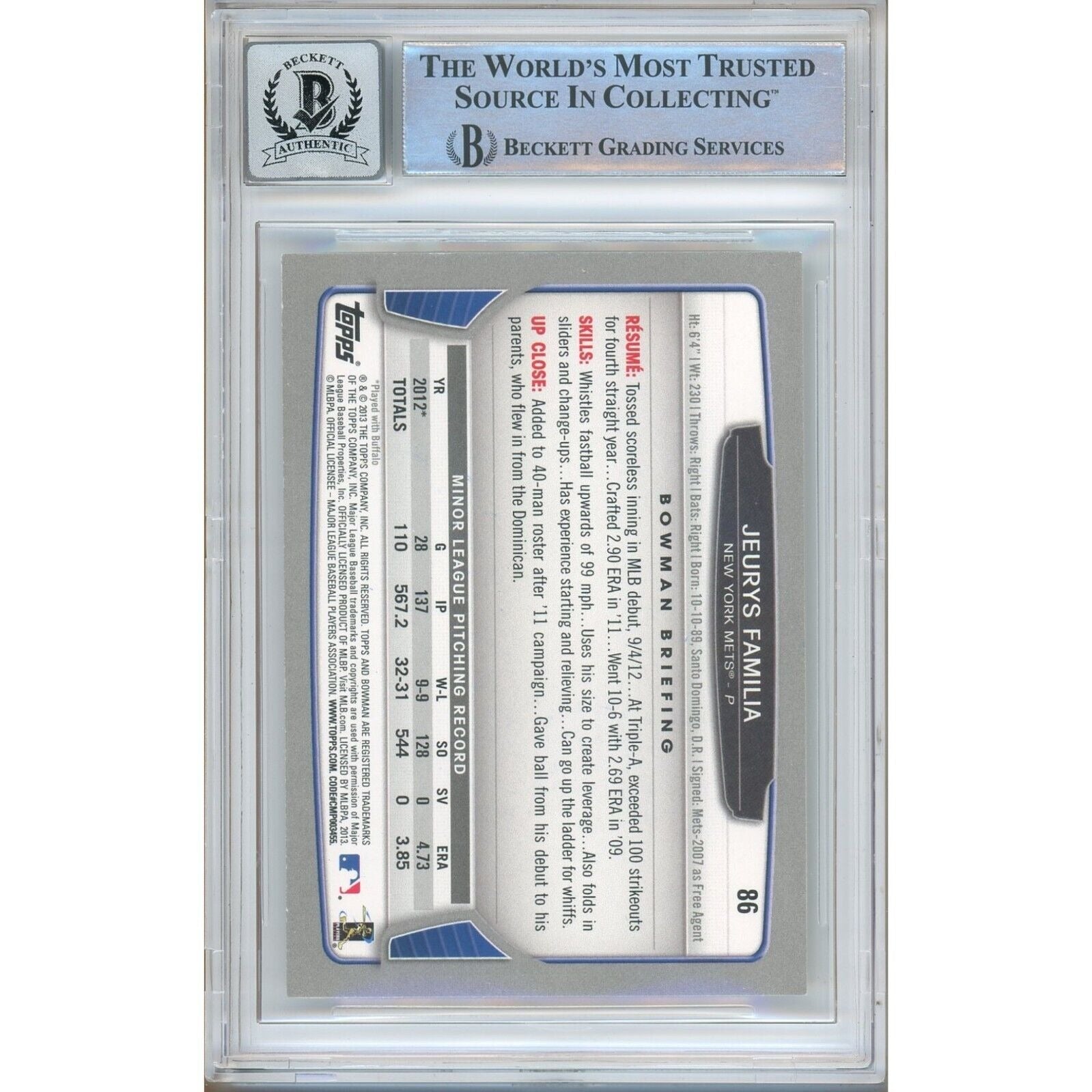 Baseballs- Autographed- Jeurys Familia New York Mets Signed 2013 Bowman Baseball Rookie Card Beckett Authenticated BGS Auto-10 Graded Slab Back