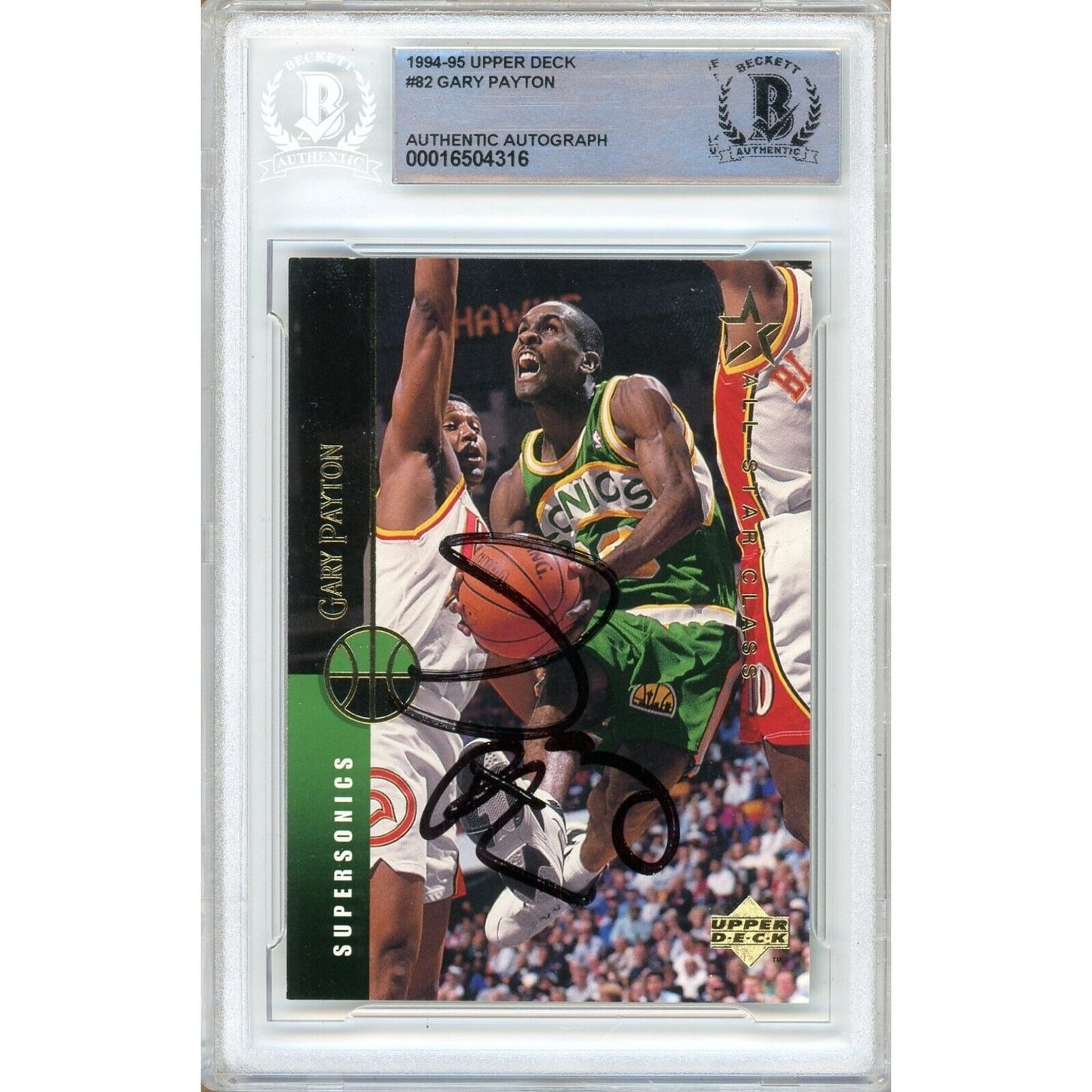 Basketballs- Autographed- Gary Payton Seattle Supersonics Signed 1994-95 Upper Deck Basketball Card Beckett Authentic Auto Slab Front