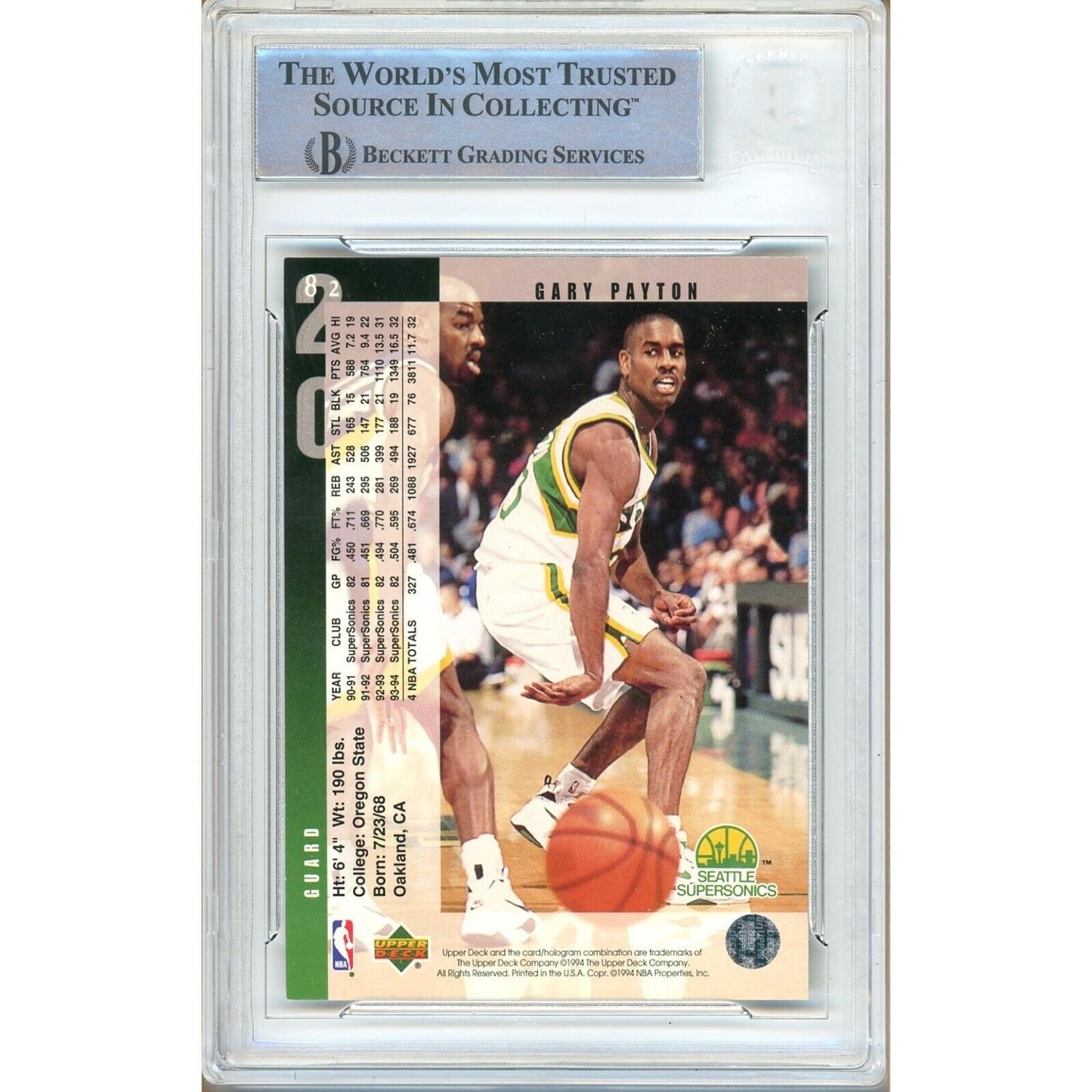 Basketballs- Autographed- Gary Payton Seattle Supersonics Signed 1994-95 Upper Deck Basketball Card Beckett Authentic Auto Slab Back